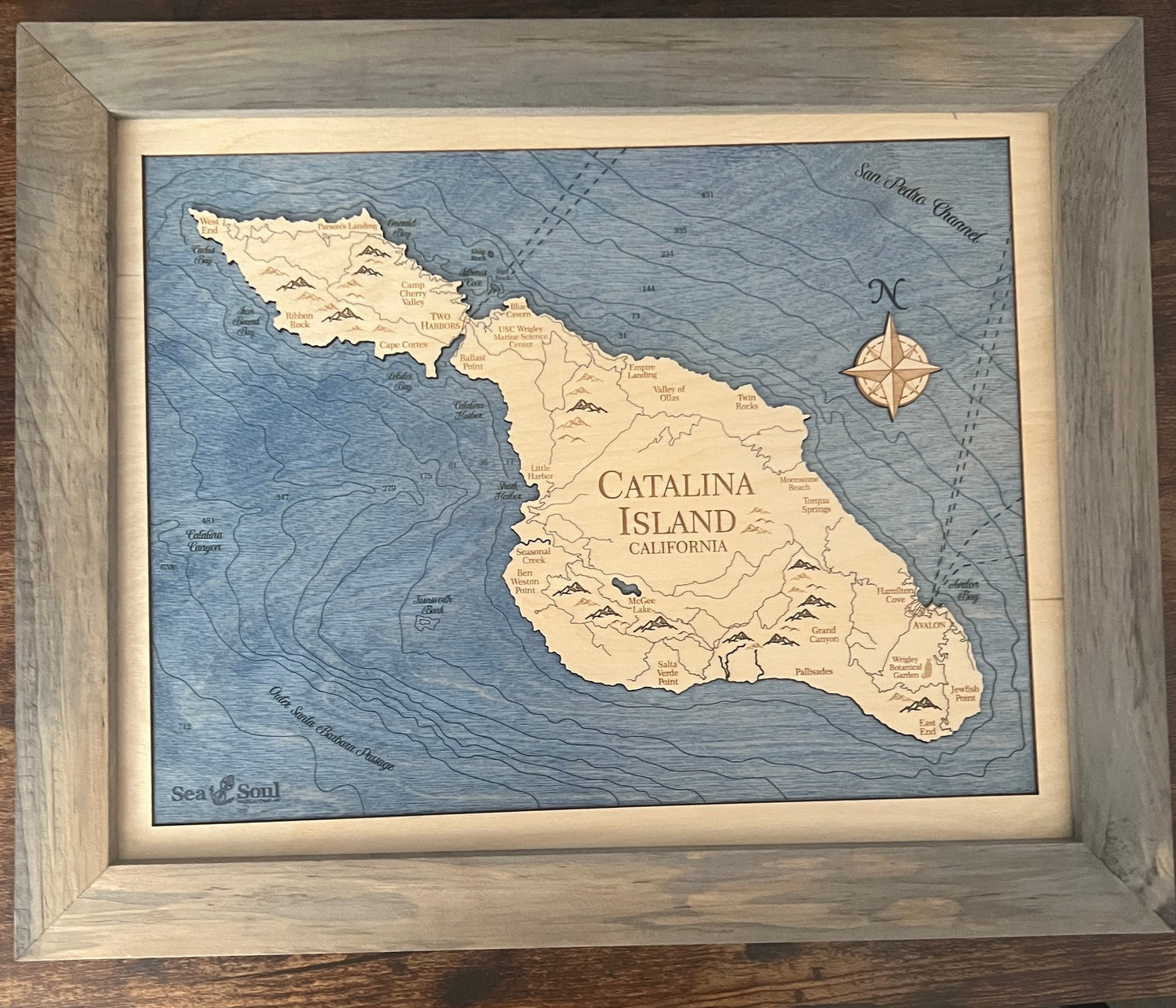 Catalina Island Engrave Map Weathered Pine & Deep Blue