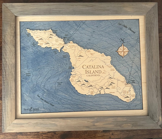 Catalina Island Engrave Map Weathered Pine & Deep Blue
